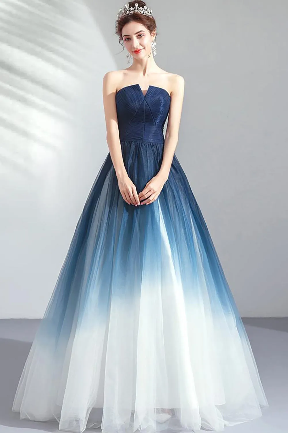 Navy A Line Strapless Tulle Pleated Long Prom Dress sold by Zapaka product image thumbnail 3
