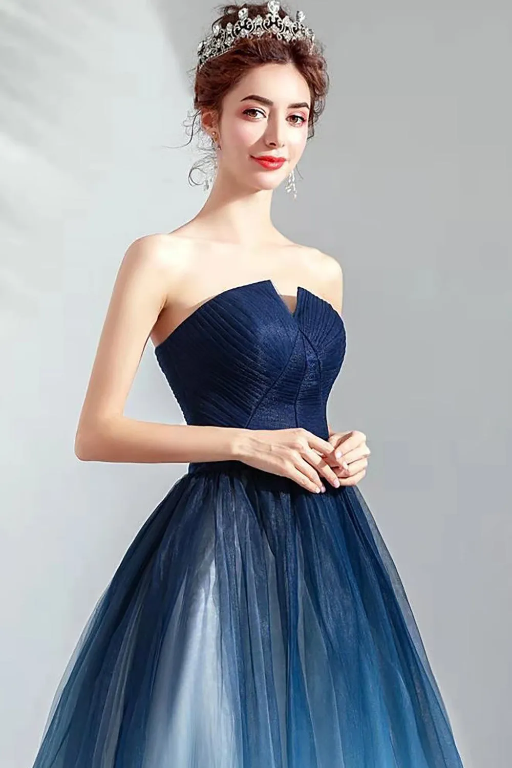 Navy A Line Strapless Tulle Pleated Long Prom Dress sold by Zapaka product image thumbnail 4