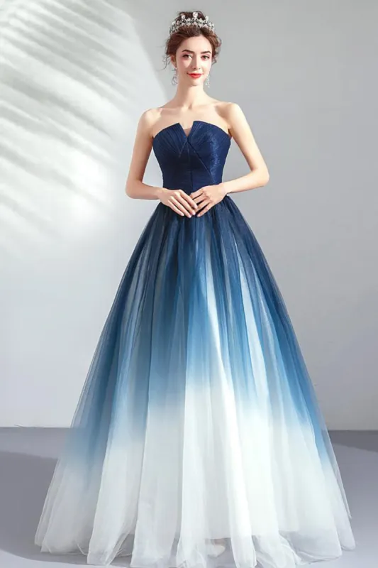Navy A Line Strapless Tulle Pleated Long Prom Dress sold by Zapaka