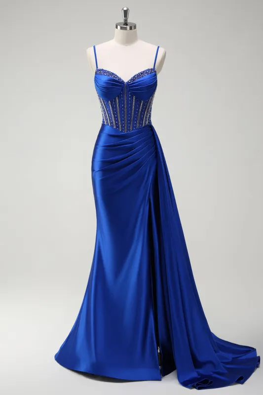 Sparkly Royal Blue Mermaid Beaded Corset Ruched Satin Long Prom Dress with Slit sold by Zapaka