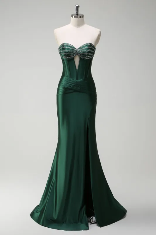 Sparkly Dark Green Mermaid Beaded Corset Satin Long Prom Dress with Slit sold by Zapaka
