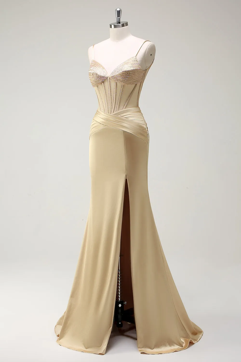 Sparkly Mermaid Spaghetti Straps Golden Corset Long Prom Dress with Slit sold by Zapaka product image thumbnail 3