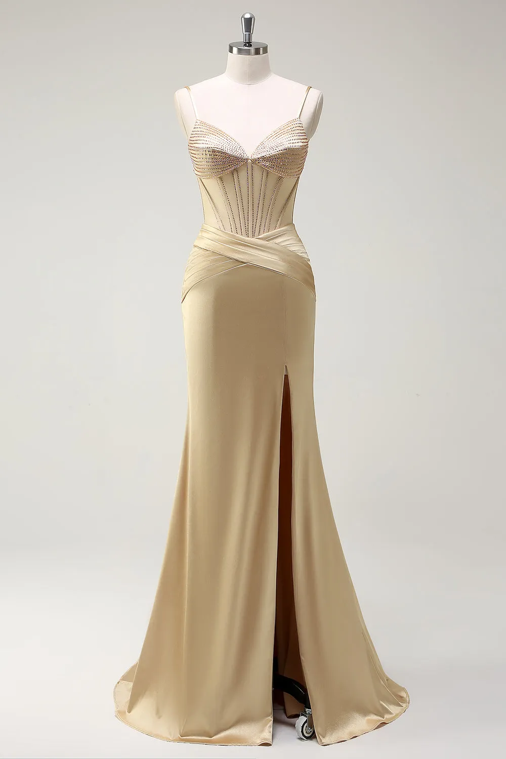 Sparkly Mermaid Spaghetti Straps Golden Corset Long Prom Dress with Slit sold by Zapaka