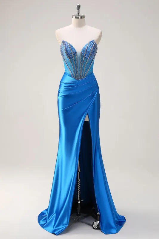 Blue Mermaid Strapless Beaded Corset Prom Dress with Slit sold by Zapaka