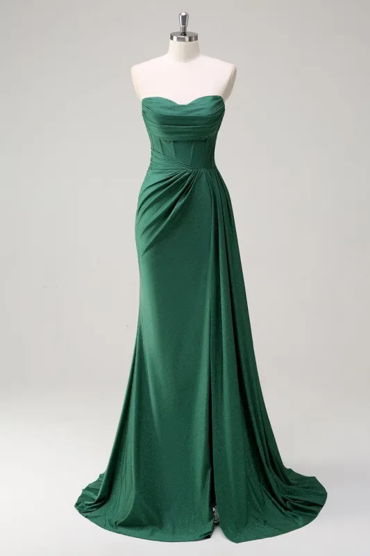 Glitter Dark Green Strapless Mermaid Long Prom Dress with Slit sold by Zapaka