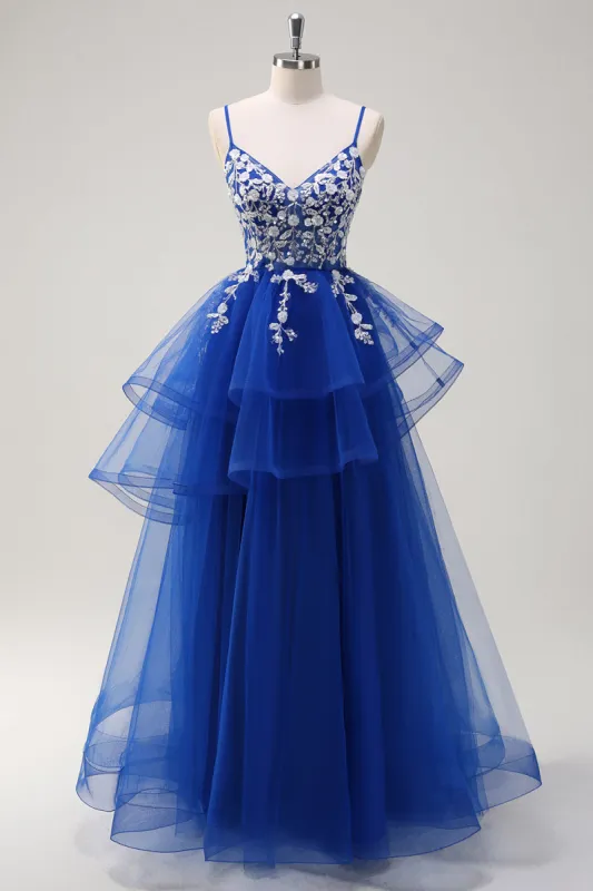 Royal Blue A-Line Tiered Long Appliqued Prom Dress with Sequins sold by Zapaka