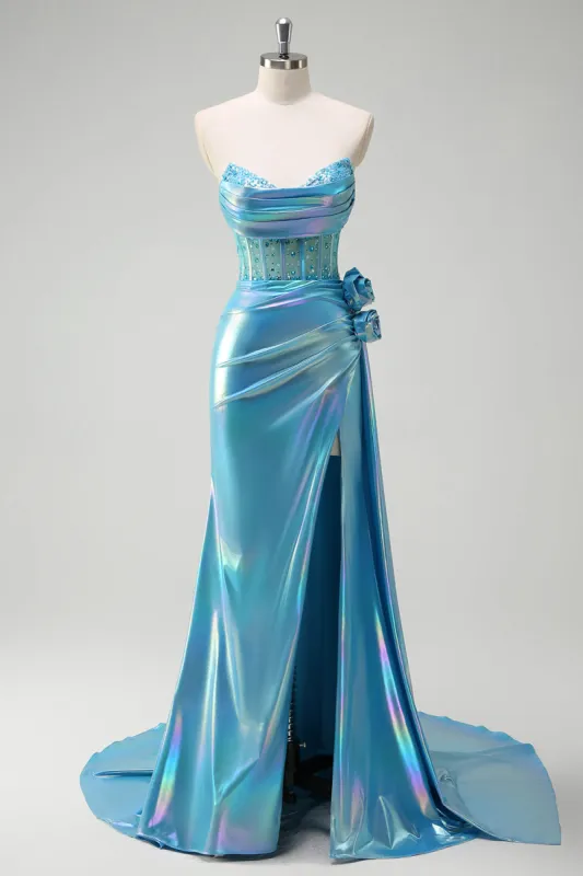 Metallic Blue Mermaid Strapless Corset Flowers Beaded Long Prom Dress with Slit sold by Zapaka