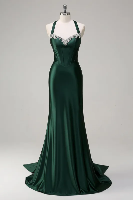Sparkly Dark Green Mermaid Halter Corset Sequin Prom Dress sold by Zapaka
