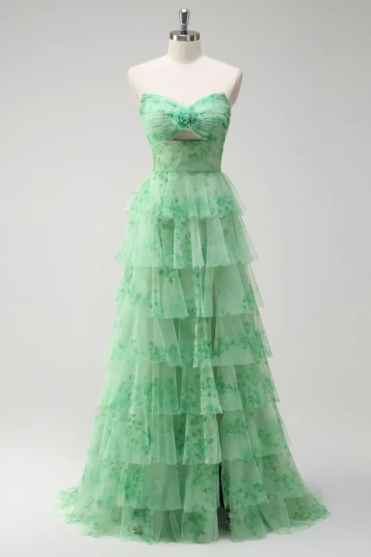 Floral Green A Line Strapless Ruffles Long Prom Dress with Slit sold by Zapaka