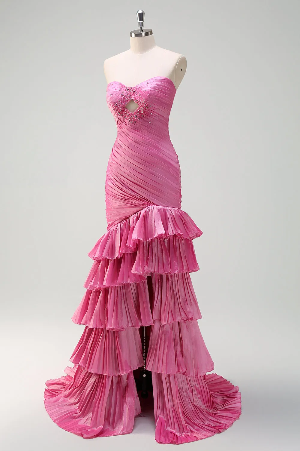 Sparkly Fuchsia Mermaid Strapless Beaded Ruched Ruffles Long Prom Dress with Slit sold by Zapaka product image thumbnail 3