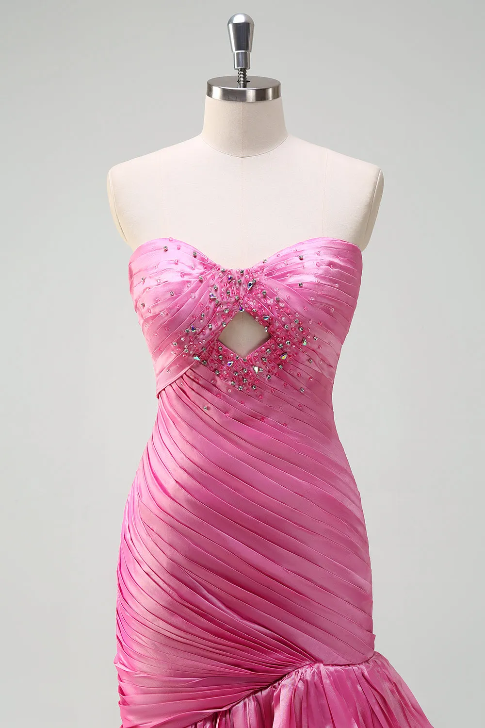 Sparkly Fuchsia Mermaid Strapless Beaded Ruched Ruffles Long Prom Dress with Slit sold by Zapaka product image thumbnail 4