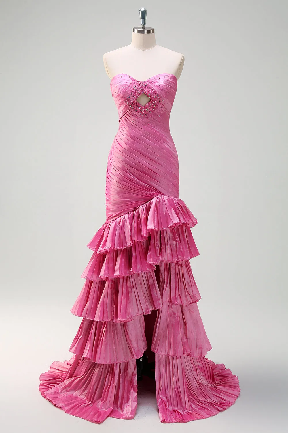 Sparkly Fuchsia Mermaid Strapless Beaded Ruched Ruffles Long Prom Dress with Slit sold by Zapaka