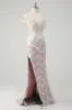 Sparkly White Mermaid Off the Shoulder Beaded Lace Corset Ruched Prom Dress with Slit sold by Zapaka