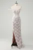 Sparkly White Mermaid Off the Shoulder Beaded Lace Corset Ruched Prom Dress with Slit sold by Zapaka