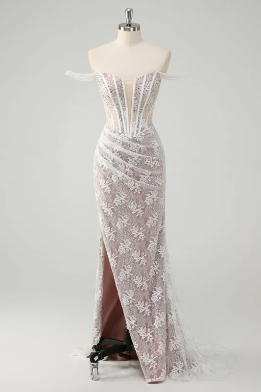 Sparkly White Mermaid Off the Shoulder Beaded Lace Corset Ruched Prom Dress with Slit sold by Zapaka