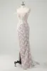 Sparkly White Mermaid Off the Shoulder Beaded Lace Corset Ruched Prom Dress with Slit sold by Zapaka