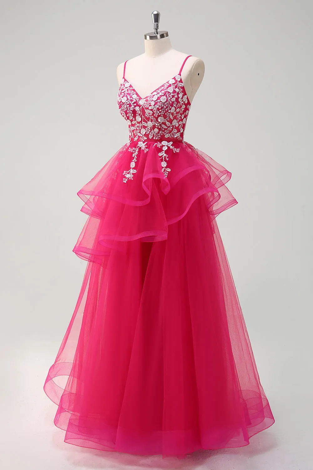 Sparkly Fuchsia A-Line Spaghetti Straps Ruffles Tulle Long Prom Dress with Appliques sold by Zapaka product image thumbnail 3