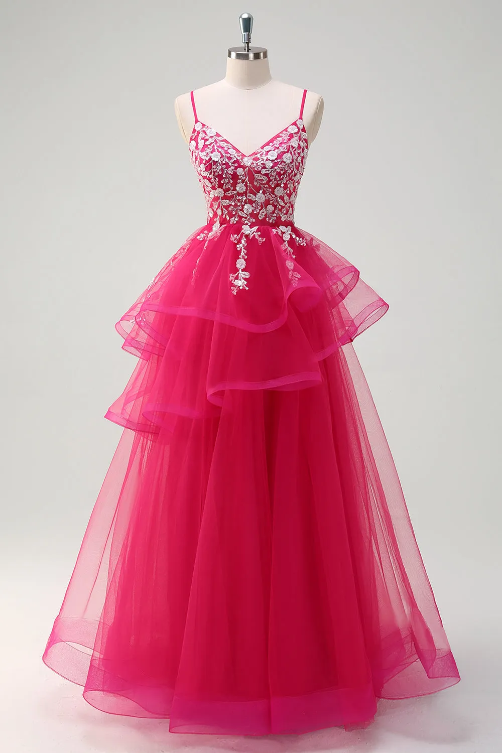 Sparkly Fuchsia A-Line Spaghetti Straps Ruffles Tulle Long Prom Dress with Appliques sold by Zapaka