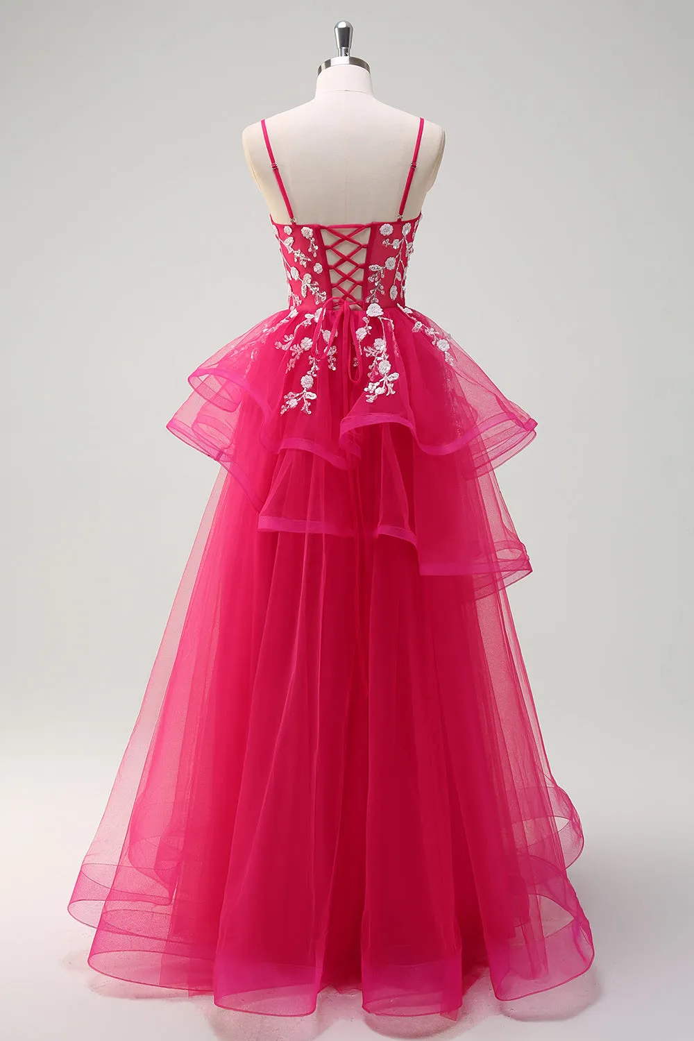 Sparkly Fuchsia A-Line Spaghetti Straps Ruffles Tulle Long Prom Dress with Appliques sold by Zapaka product image thumbnail 2