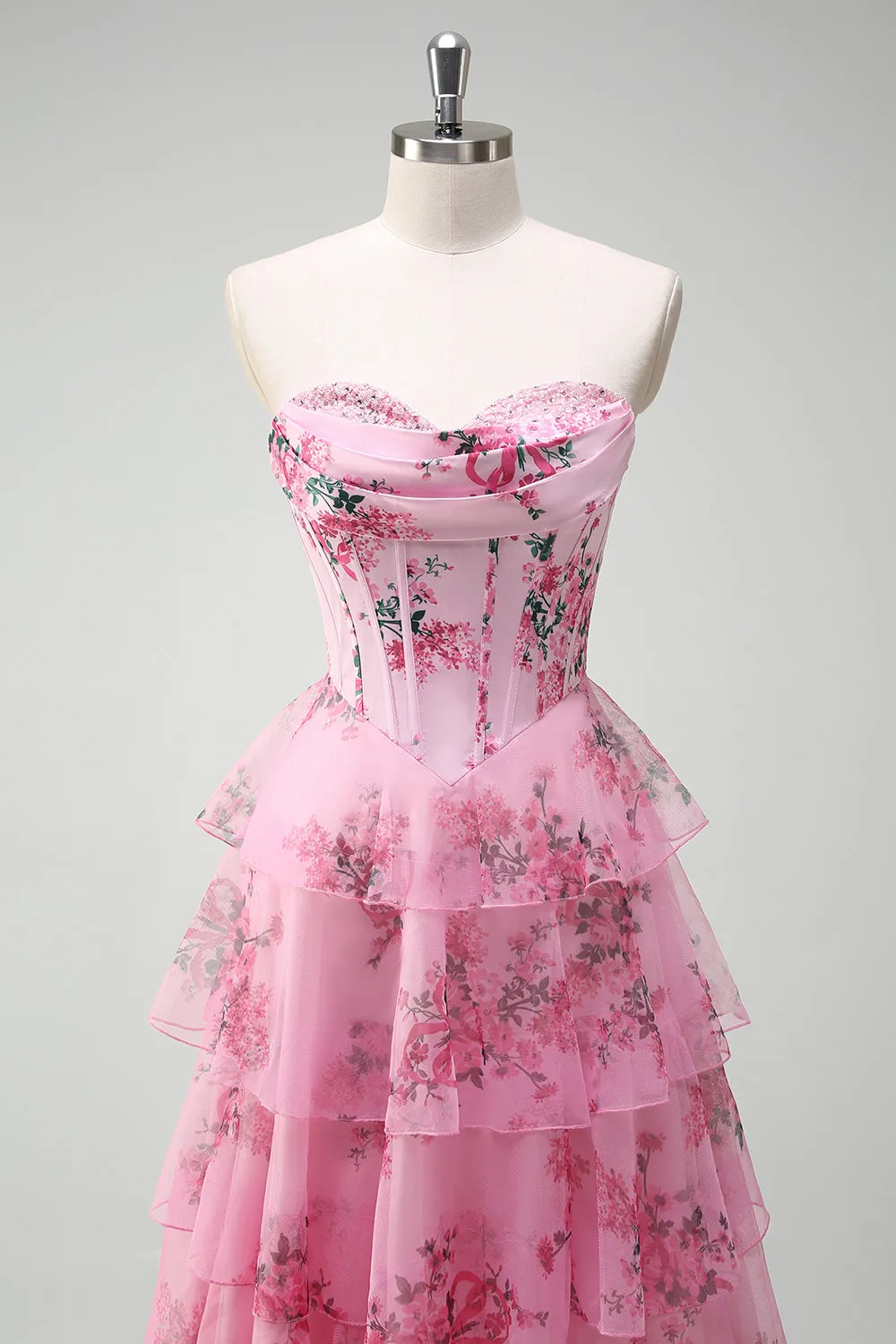 Blush Floral A Line Strapless Corset Tiered Prom Dress sold by Zapaka product image thumbnail 4