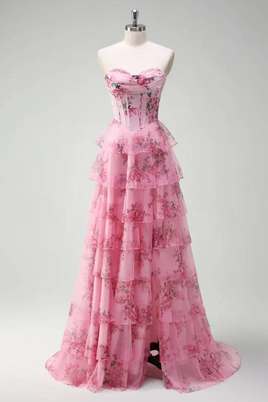 Blush Floral A Line Strapless Corset Tiered Prom Dress sold by Zapaka
