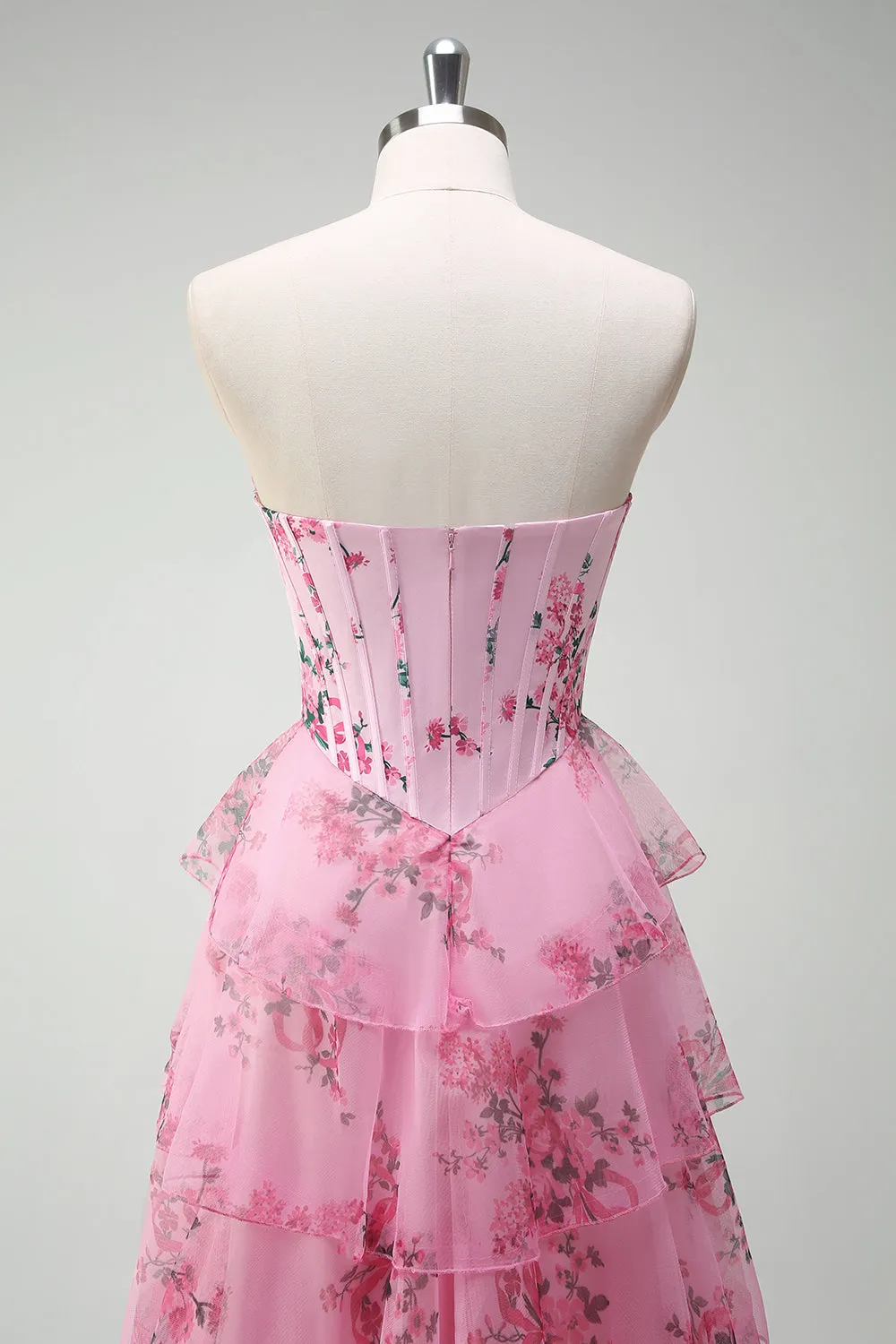 Blush Floral A Line Strapless Corset Tiered Prom Dress sold by Zapaka product image thumbnail 5