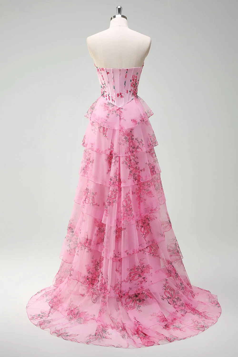 Blush Floral A Line Strapless Corset Tiered Prom Dress sold by Zapaka product image thumbnail 2