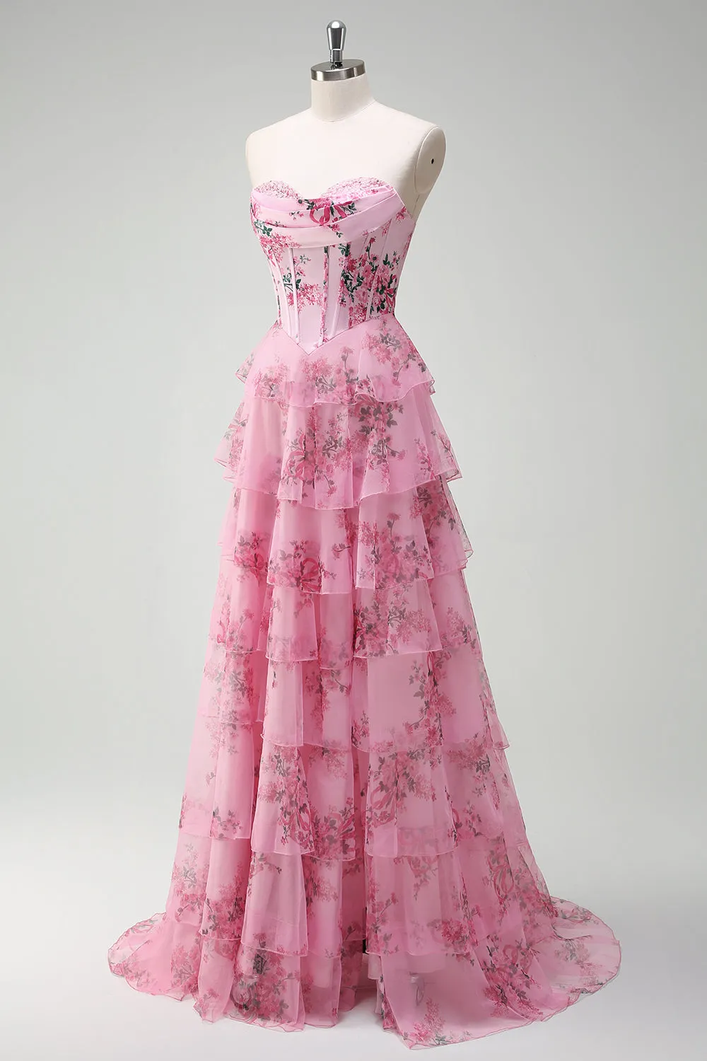 Blush Floral A Line Strapless Corset Tiered Prom Dress sold by Zapaka product image thumbnail 3
