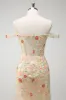 Sparkly Champagne Mermaid Off the Shoulder Floral Corset Long Prom Dress with Slit sold by Zapaka