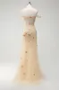 Sparkly Champagne Mermaid Off the Shoulder Floral Corset Long Prom Dress with Slit sold by Zapaka