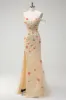 Sparkly Champagne Mermaid Off the Shoulder Floral Corset Long Prom Dress with Slit sold by Zapaka