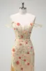 Sparkly Champagne Mermaid Off the Shoulder Floral Corset Long Prom Dress with Slit sold by Zapaka