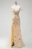 Sparkly Champagne Mermaid Off the Shoulder Floral Corset Long Prom Dress with Slit sold by Zapaka