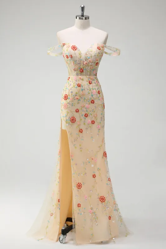 Sparkly Champagne Mermaid Off the Shoulder Floral Corset Long Prom Dress with Slit sold by Zapaka