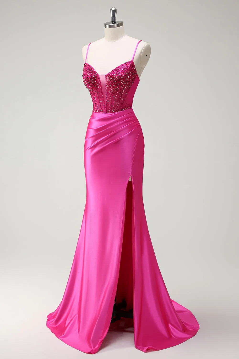 Sparkly Fuchsia Mermaid Spaghetti Straps Beaded Corset Satin Long Prom Dress with Slit sold by Zapaka product image thumbnail 3