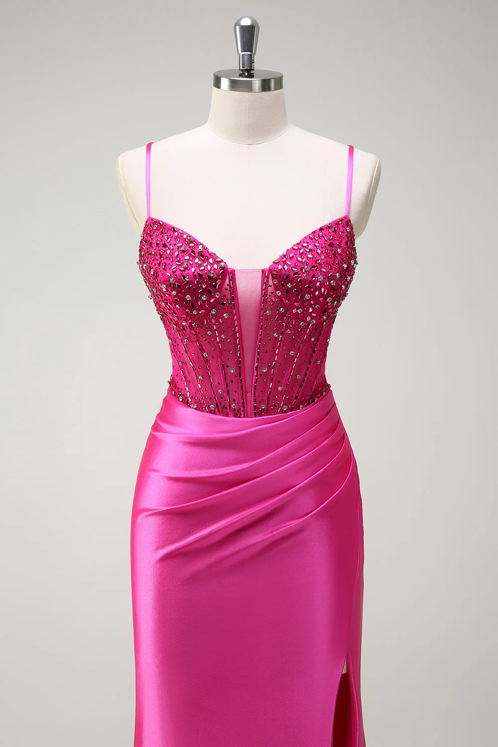 Sparkly Fuchsia Mermaid Spaghetti Straps Beaded Corset Satin Long Prom Dress with Slit sold by Zapaka product image thumbnail 4