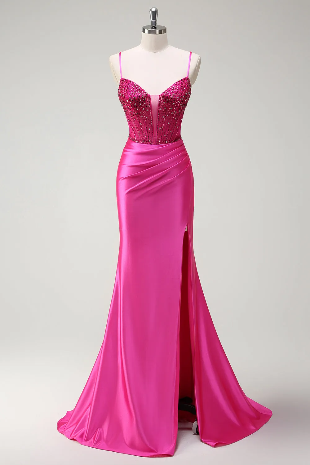 Sparkly Fuchsia Mermaid Spaghetti Straps Beaded Corset Satin Long Prom Dress with Slit sold by Zapaka