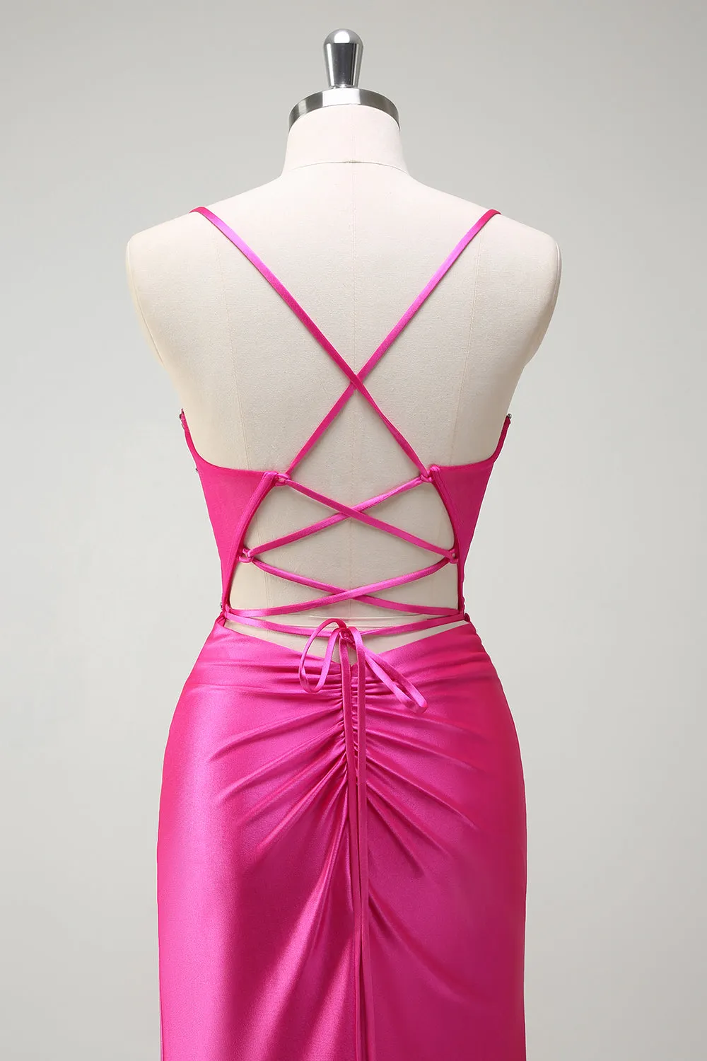 Sparkly Fuchsia Mermaid Spaghetti Straps Beaded Corset Satin Long Prom Dress with Slit sold by Zapaka product image thumbnail 5