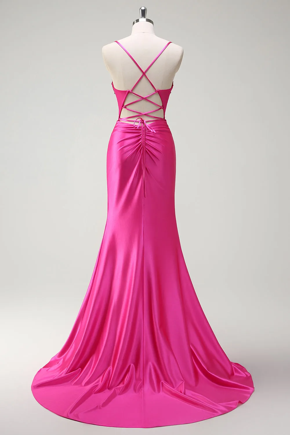 Sparkly Fuchsia Mermaid Spaghetti Straps Beaded Corset Satin Long Prom Dress with Slit sold by Zapaka product image thumbnail 2