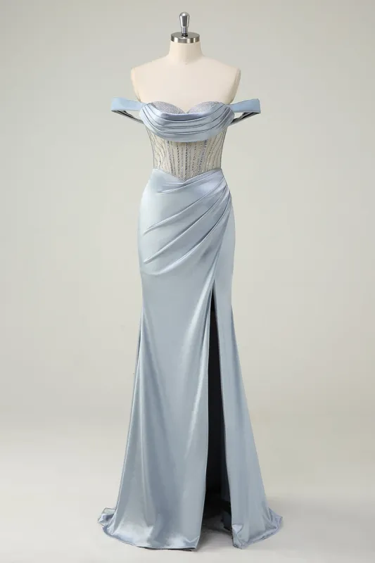 Dusty Blue Mermaid Corset Off The Shoulder Long Prom Dress With Slit sold by Zapaka