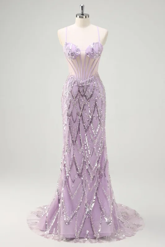 Lilac Mermaid Spaghetti Straps Corset Sequin Long Prom Dress sold by Zapaka