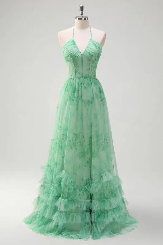 Green A-Line Halter Floral Corset Ruffles Long Prom Dress with Slit sold by Zapaka