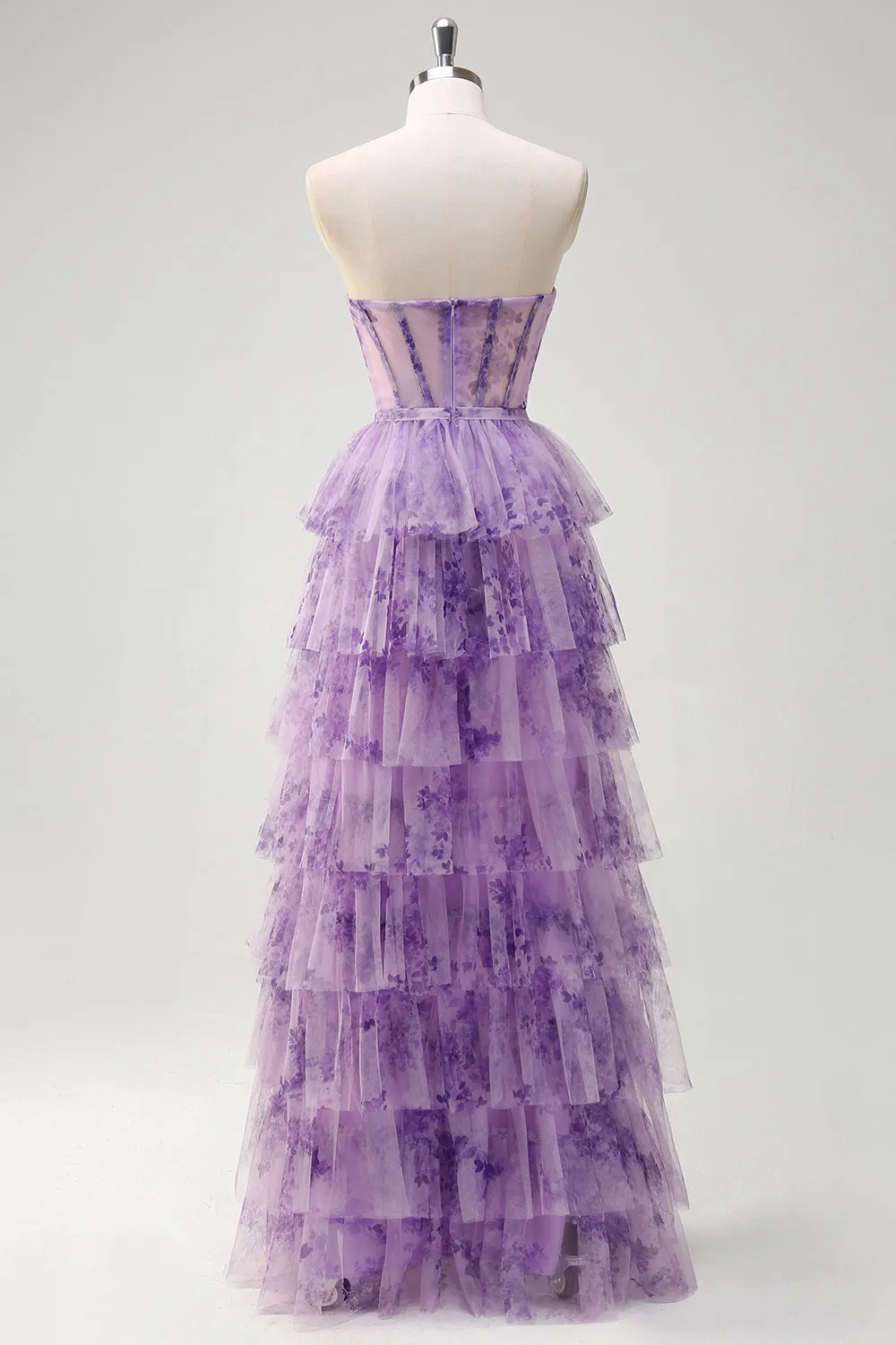 Lilac A-Line Off the Shoulder Corset Floral Ruffles Long Prom Dress with Slit sold by Zapaka product image thumbnail 5