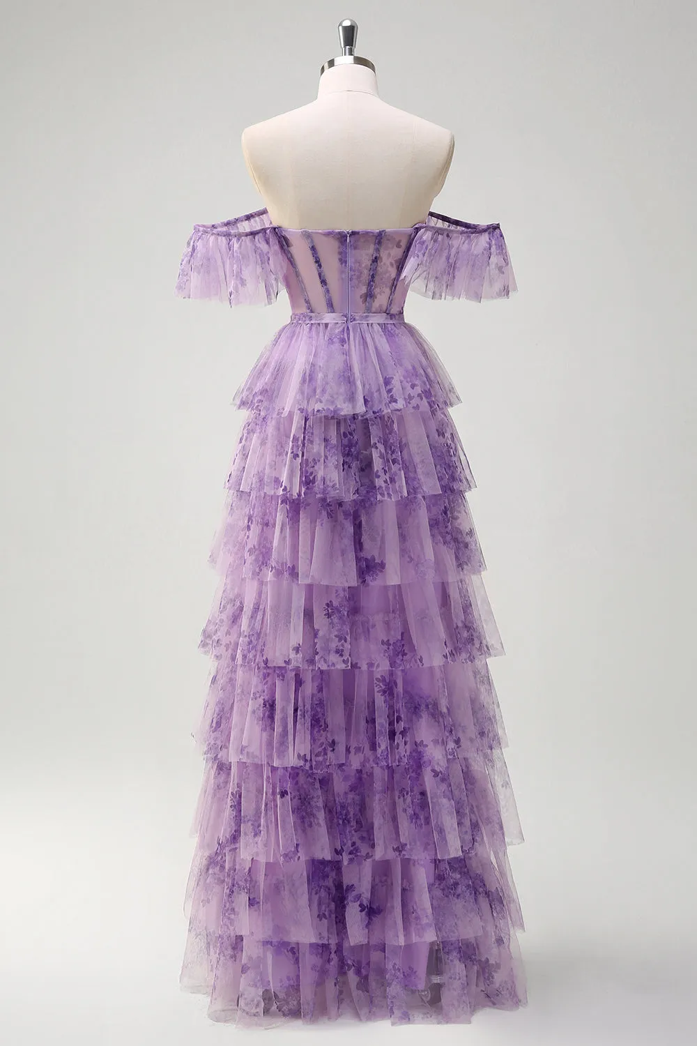 Lilac A-Line Off the Shoulder Corset Floral Ruffles Long Prom Dress with Slit sold by Zapaka product image thumbnail 2