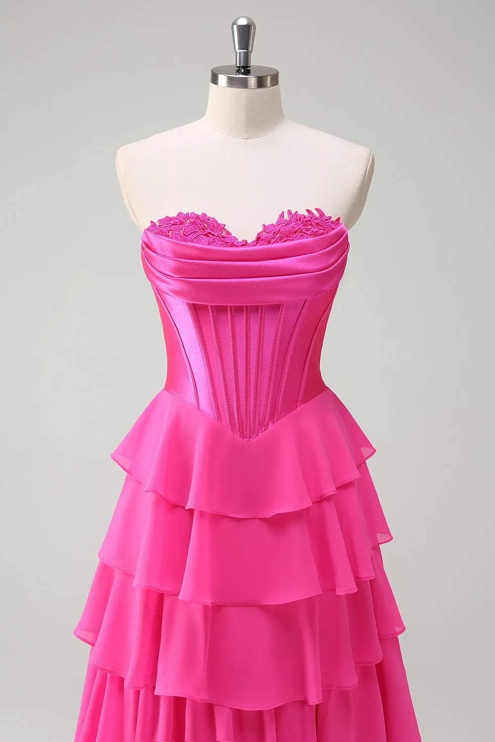 Fuchsia A Line Strapless Corset Tiered Prom Dress with Ruffles sold by Zapaka product image thumbnail 4
