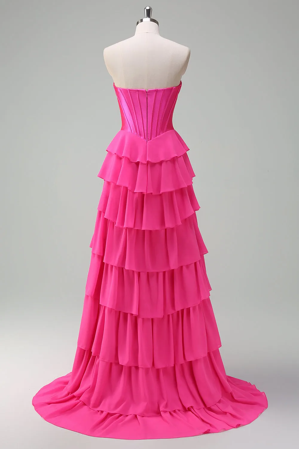Fuchsia A Line Strapless Corset Tiered Prom Dress with Ruffles sold by Zapaka product image thumbnail 2