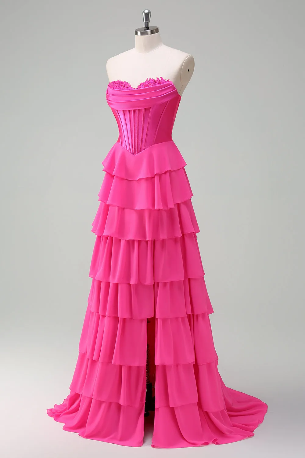 Fuchsia A Line Strapless Corset Tiered Prom Dress with Ruffles sold by Zapaka product image thumbnail 3