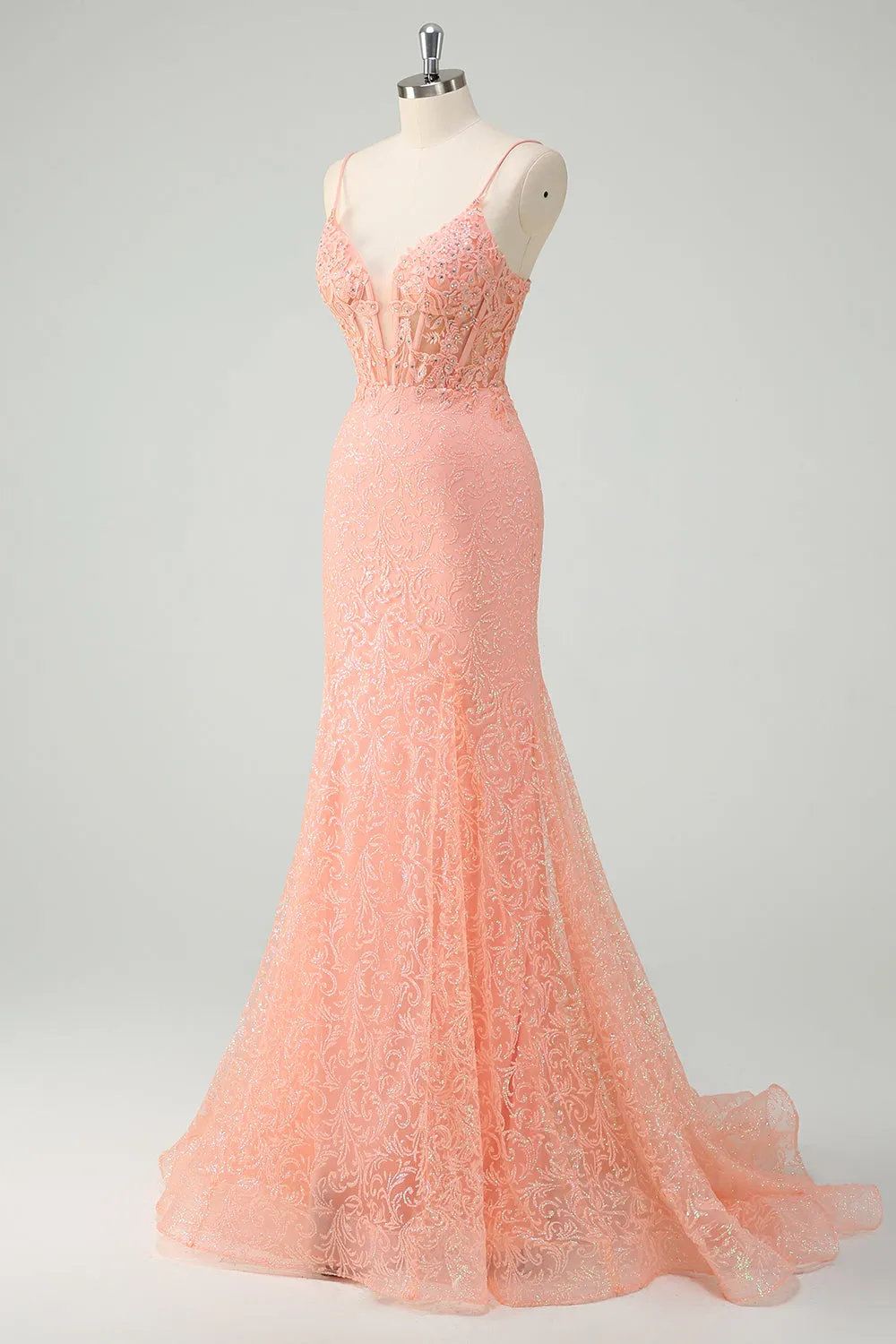 Orange Mermaid Spaghetti Straps Corset Sequined Prom Dress sold by Zapaka product image thumbnail 3