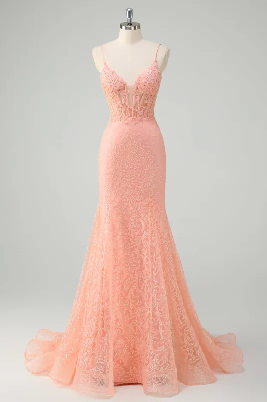 Orange Mermaid Spaghetti Straps Corset Sequined Prom Dress made by Zapaka