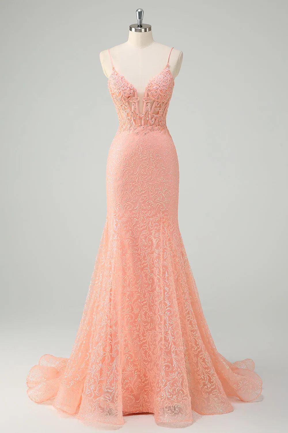 Orange Mermaid Spaghetti Straps Corset Sequined Prom Dress sold by Zapaka
